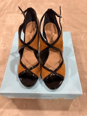 ANTONIO MELANI Black Patent & Brown Suede Crisscross Peep-Toe Heels Womens 8